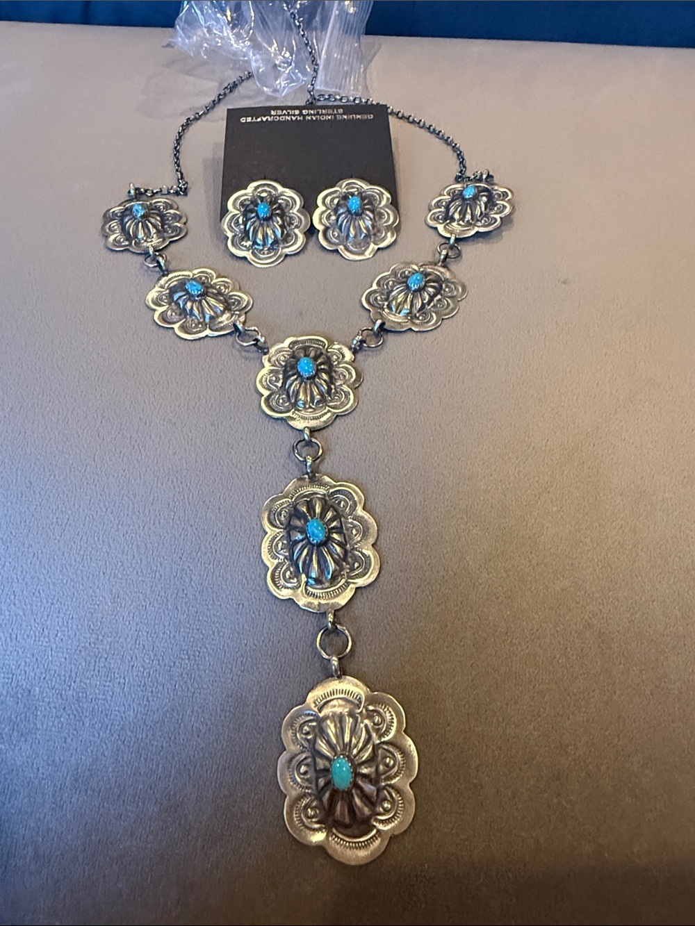 Lavina Benally Kingman Turquoise Sterling Silver-Concho Necklace Set